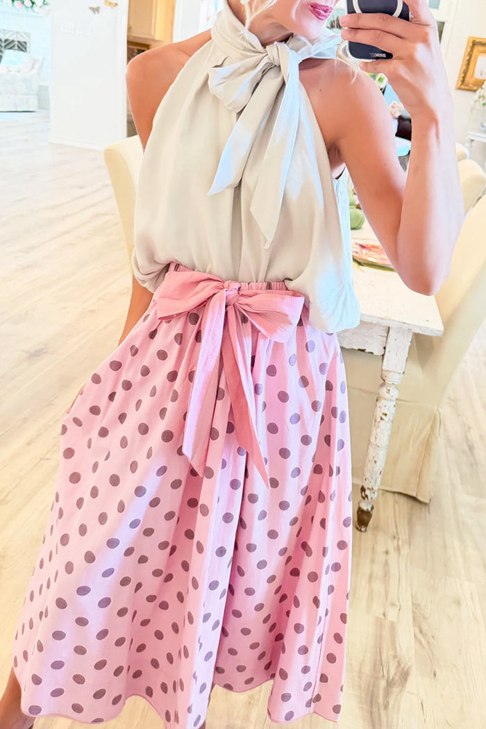 Cream Grey High Neck Bow Top