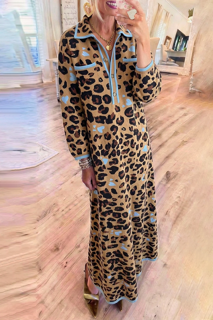 Collared Leopard Heart Motif Half Placket Pocket Knit Maxi Dress