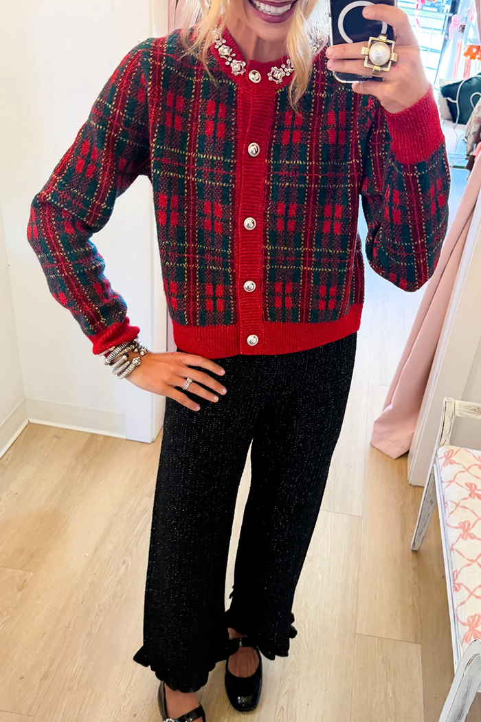 Red And Green Plaid Knit Cardigan