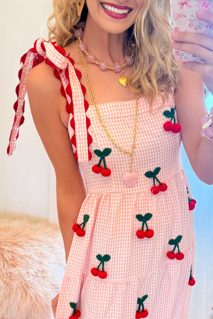 Scallop Trim Straps Cherry Gingham Maxi Dress
