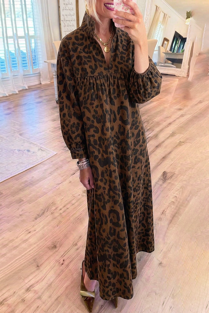 Denim Leopard Stand Collar Balloon Sleeves Pockets Maxi Dress