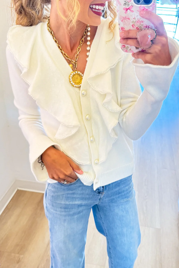 Ruffle Pearl Button Long Sleeve Cardigan