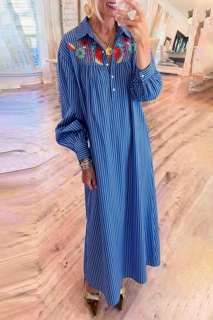 Stripe Collared Floral Embroidery Pocket Maxi Dress