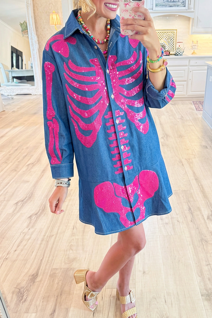 Skeleton Sequin Collared Button Front Denim Dress