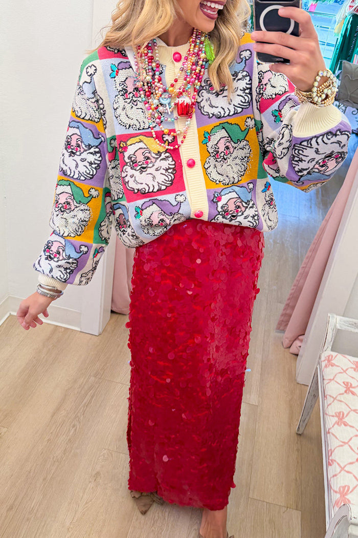 Colorblock Santa Print Rhinestone Cardigan