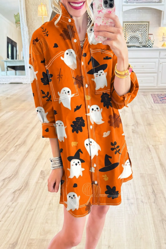 Halloween Ghost Motif Collared Pockets Long Sleeve Shirt Dress