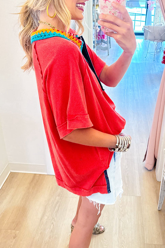 Red Crochet Collar Washed Top