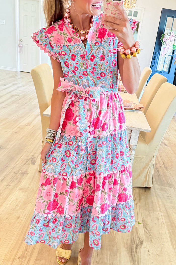 Pink Floral Flutter Sleeve Scallop Trim Tiered Dress