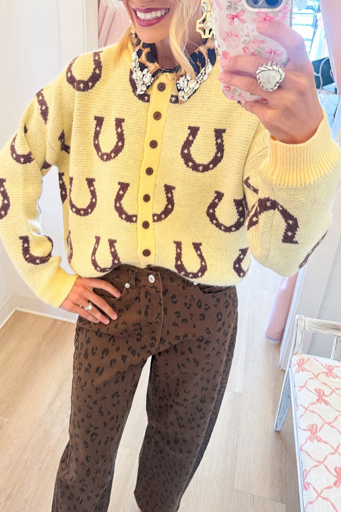 Butter Yellow Horseshoe Jacquard Button Front Ribbed Trim Knit Top