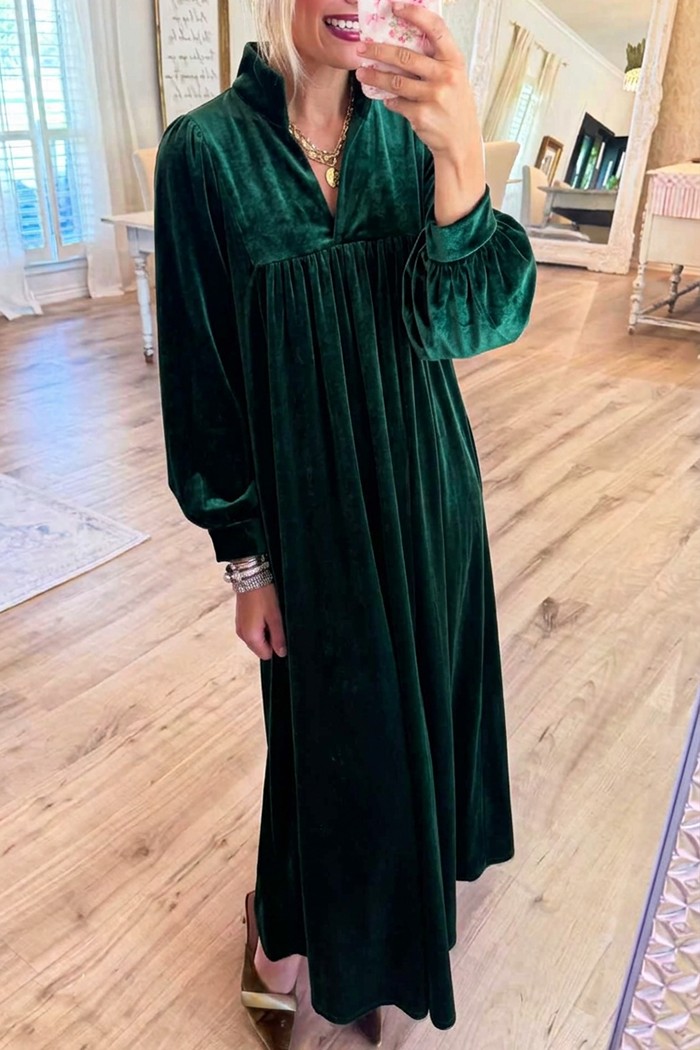 Velvet Ruffle Stand Collar Balloon Sleeves Pockets Maxi Dress