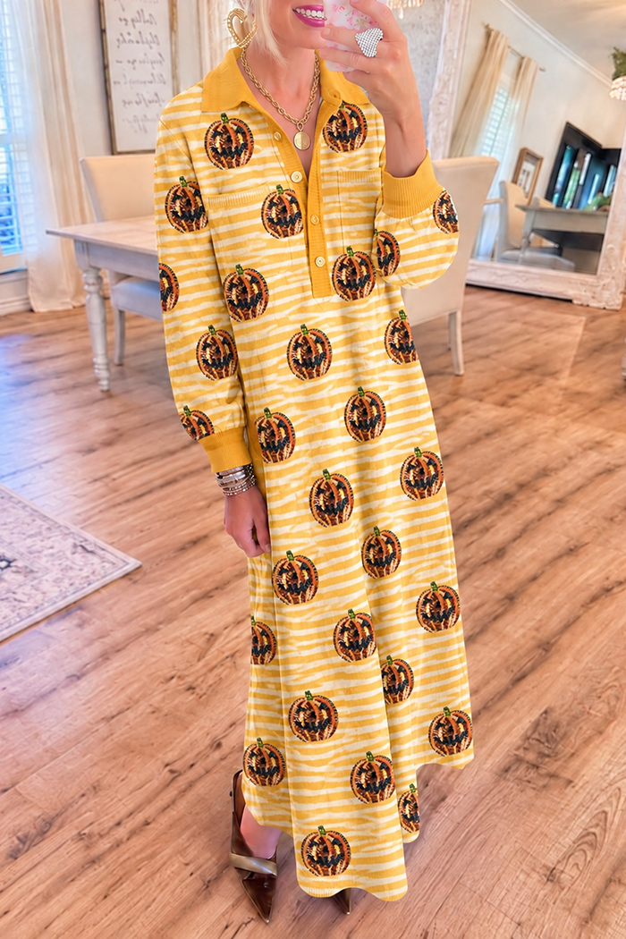 Yellow Stripe Sequin Pumpkin Knit Maxi Dress