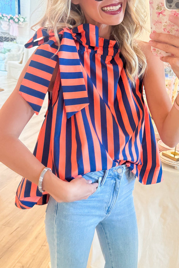Navy Orange Stripe Ruffle Tie Neck Sleeveless Top
