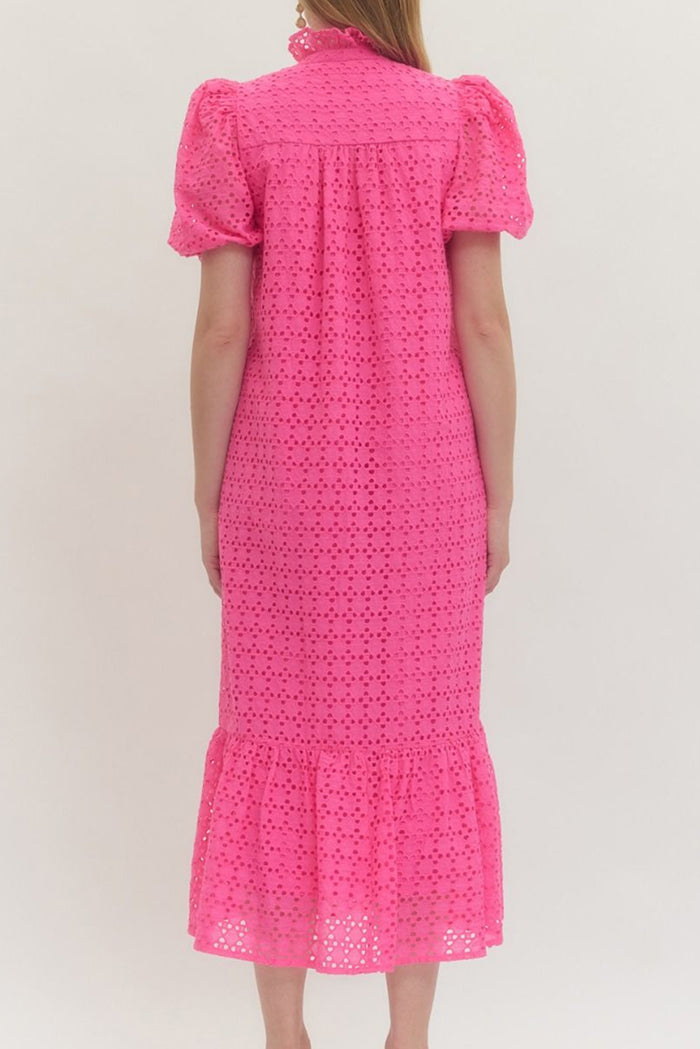 Puff Sleeve Ruffle Eyelet Midi Dress