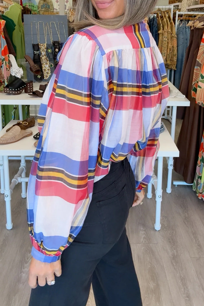 Plaid Bow Puff Sleeve Shirt