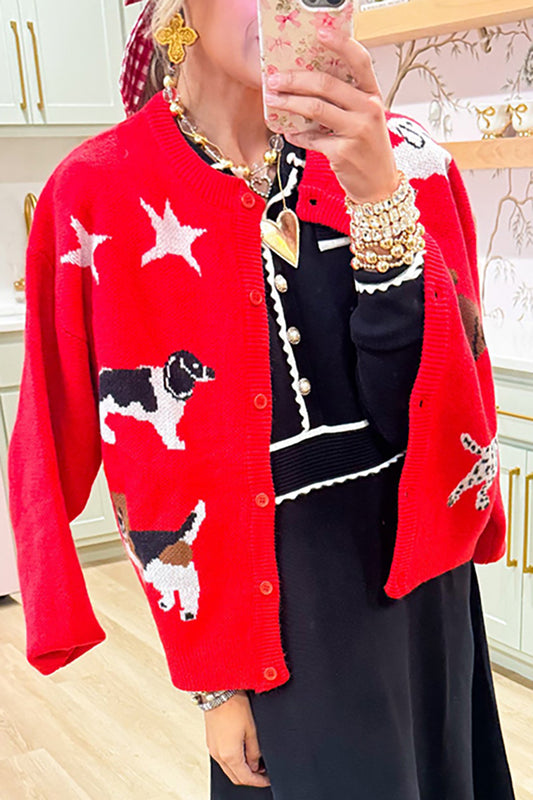 Puppy Motif Button-Front Knit Cardigan