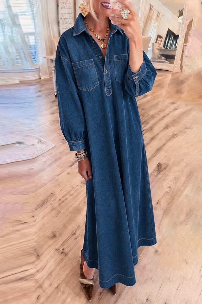 Denim Blue Collared Pockets Maxi Dress