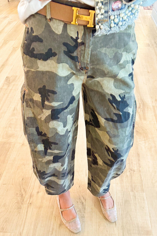 Olive Grey Camo Barrel Jeans