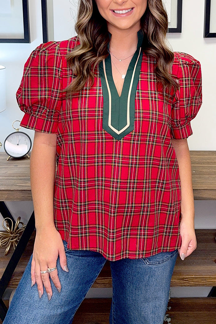 V-Neck Puff Sleeves Plaid Top