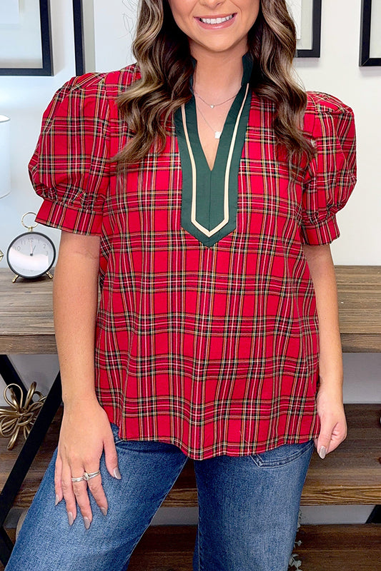 V-Neck Puff Sleeves Plaid Top