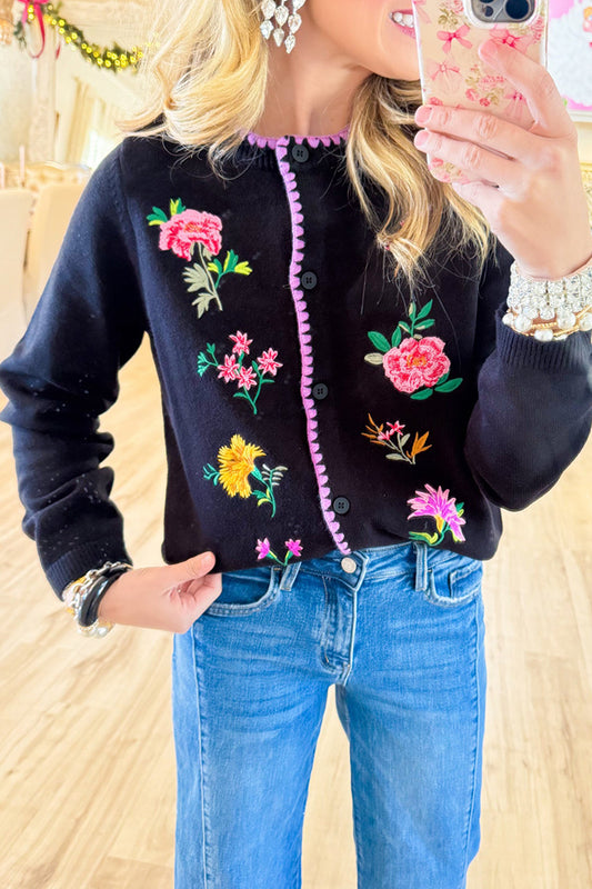 Casual Black Floral Embroidered Cardigan