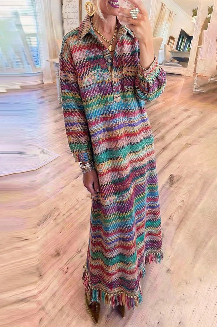 Multicolor Tweed Stripe Pocket Tassel Maxi Dress