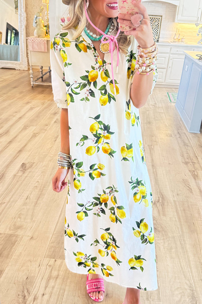 Lemon Print Short Sleeve Midi Dress
