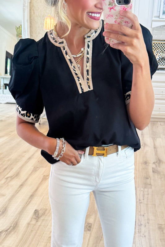 Leopard Contrast Puff Sleeve Top