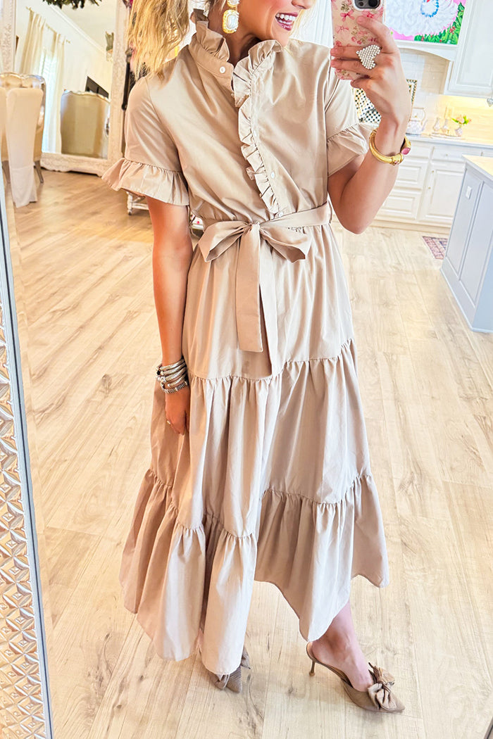 Taupe Tiered Ruffle Collar Midi Dress