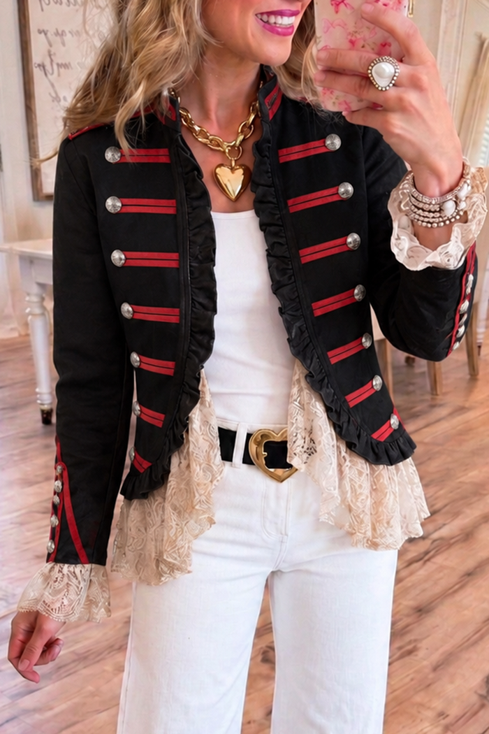 Red Trim Silver Button Black Ruffle Jacket