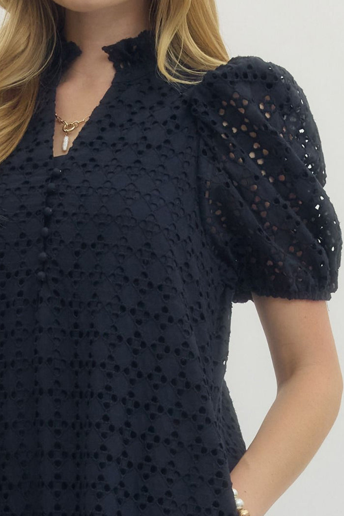 Puff Sleeve Ruffle Eyelet Midi Dress