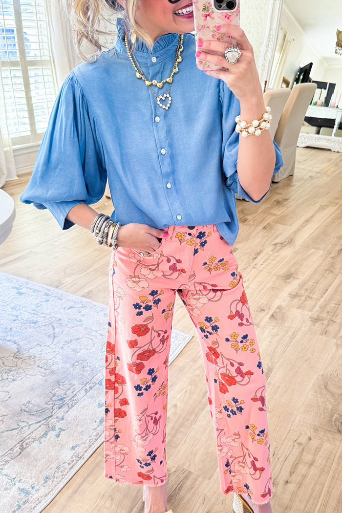 Ruffle Neck Puff Sleeve Blouse
