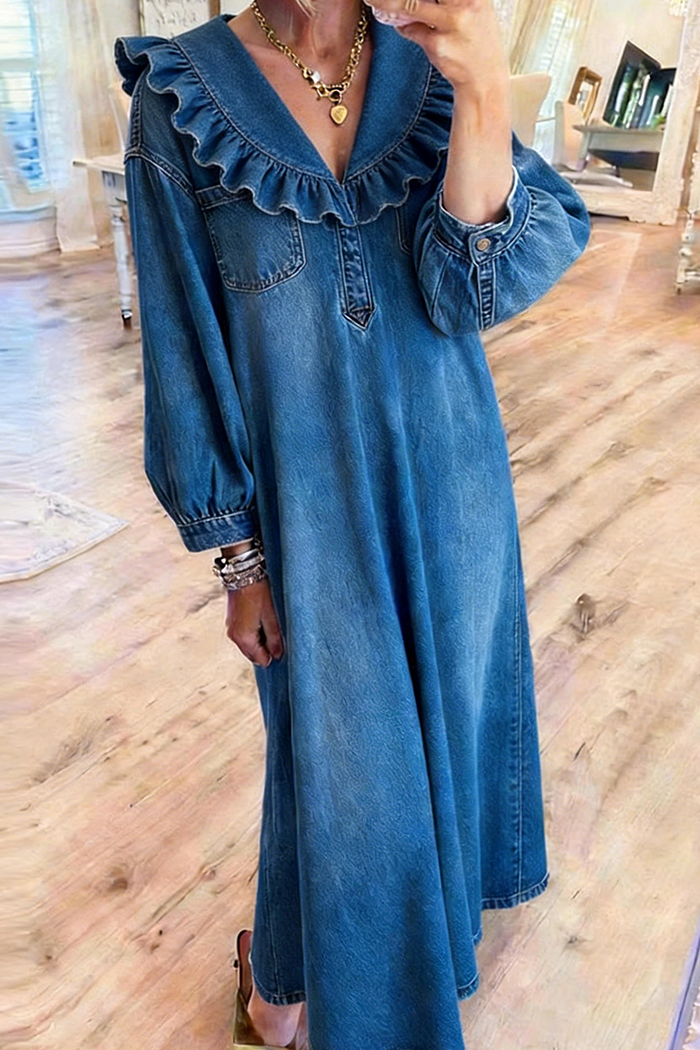 Ruffled Neck Puff Sleeve Pocketed Denim Maxi Dress