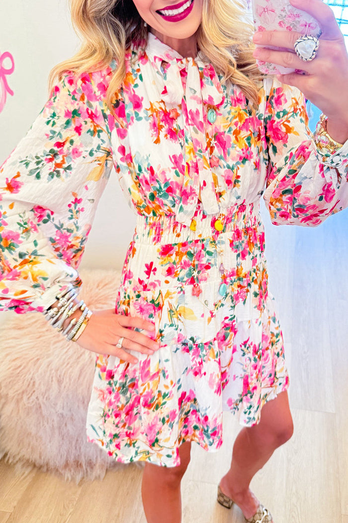 Long Sleeve Floral Waist Smocked Mini Dress