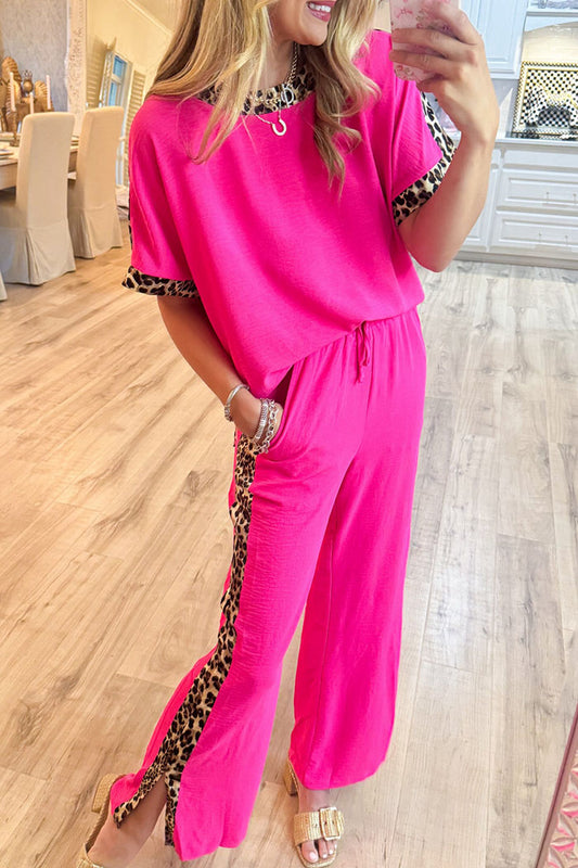 Leopard Trim Side Slits Pockets Set