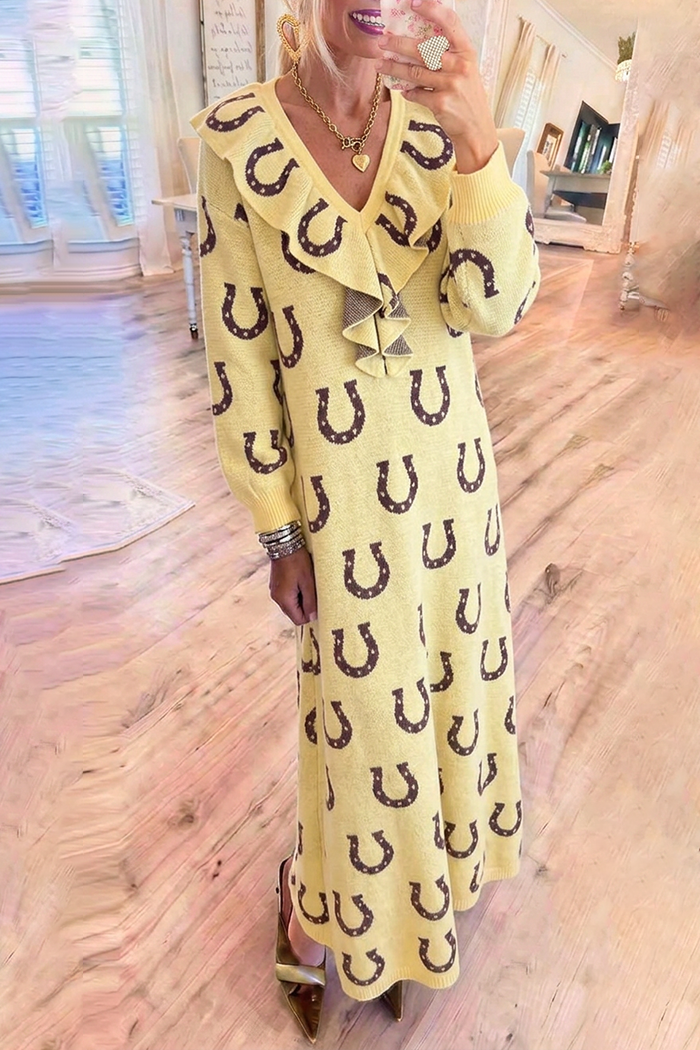 Horseshoe Motif Knit Ruffle Neck Long Sleeve Maxi Dress