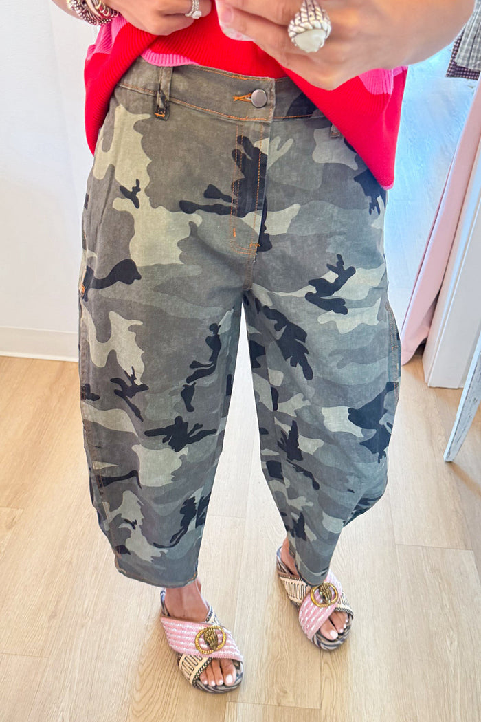 Olive Grey Camo Barrel Jeans