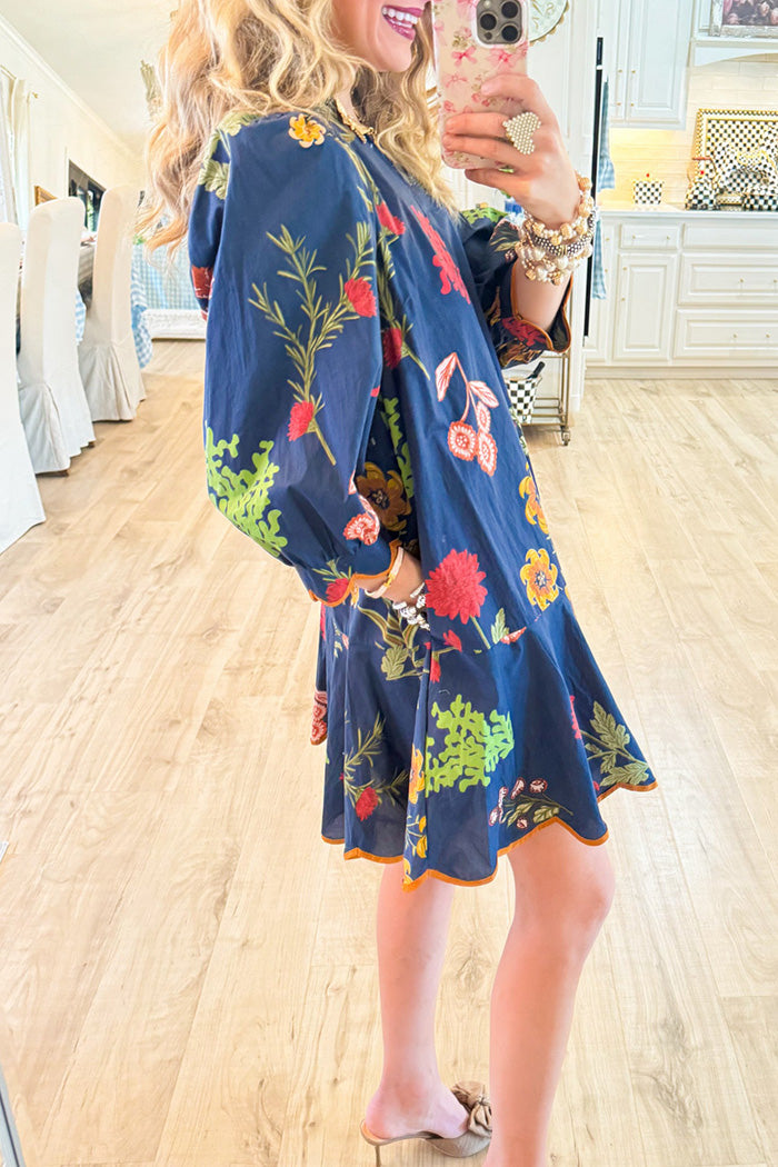 Navy Floral Puff Sleeve Pocket Dress