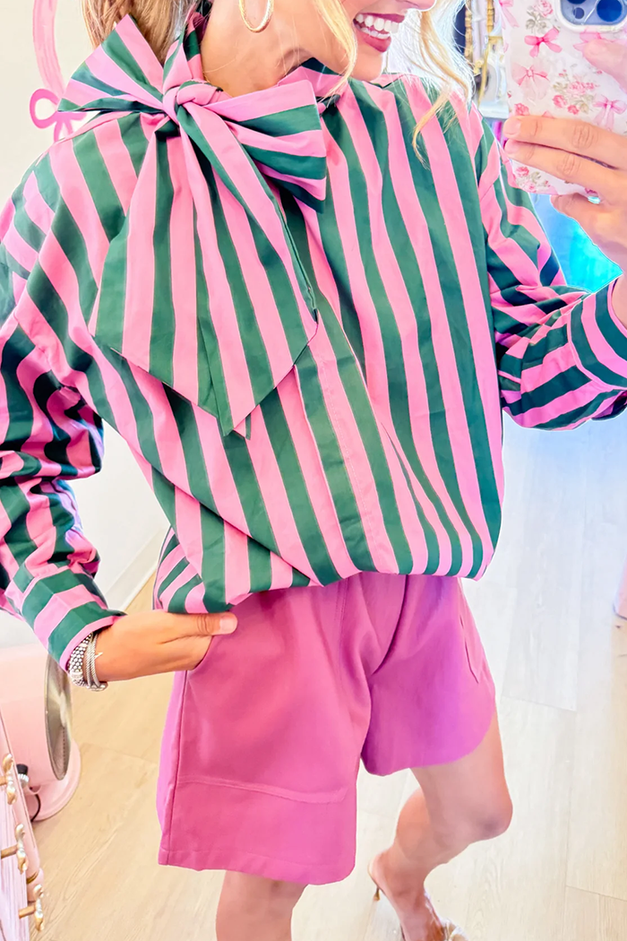 Stripe Bow Neck Long Sleeve Top