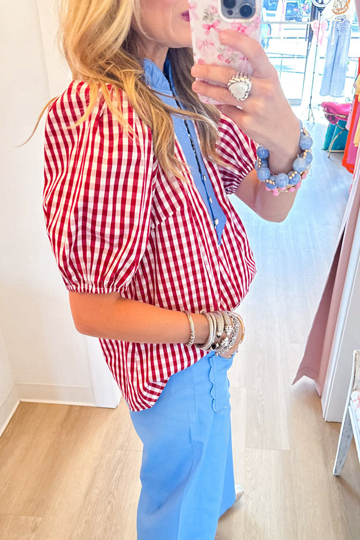 Red Gingham Short Puff Sleeve Top