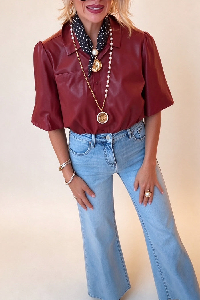 Burgundy Puff Sleeve Faux Leather Top