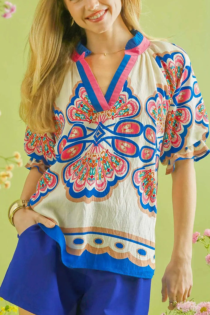 Graphic Print Ruffle Collar Puff Short Sleeve Top