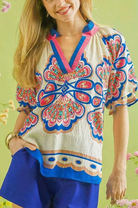 Graphic Print Ruffle Collar Puff Short Sleeve Top
