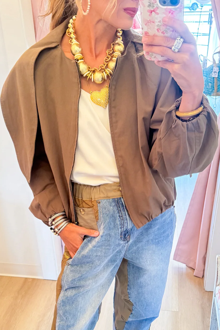 Olive Neck Tie Front Zipper Front Pockets Jacket