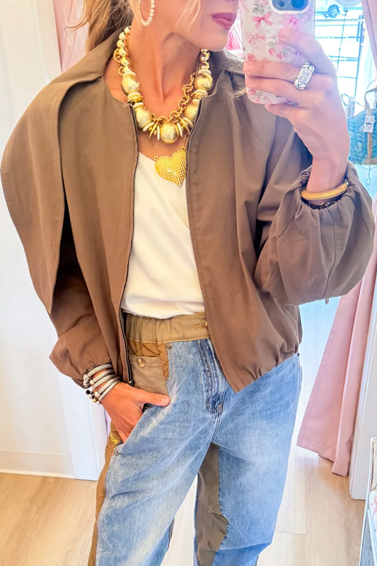 Olive Neck Tie Front Zipper Front Pockets Jacket