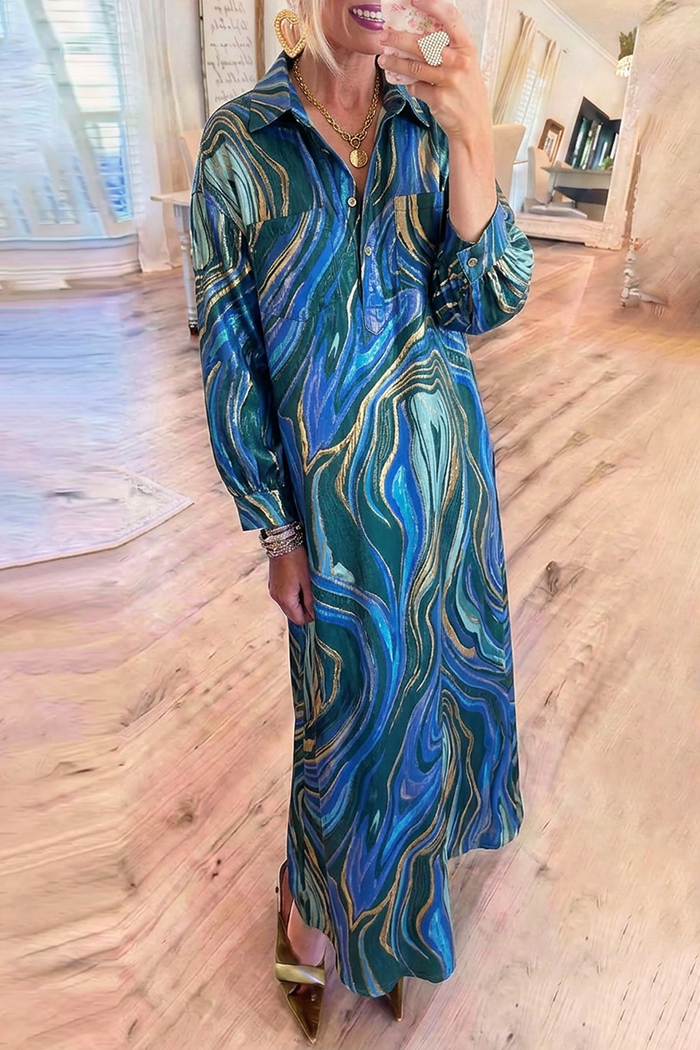 Teal Multi Marble Swirl Collared Pockets Maxi Shirt Dress