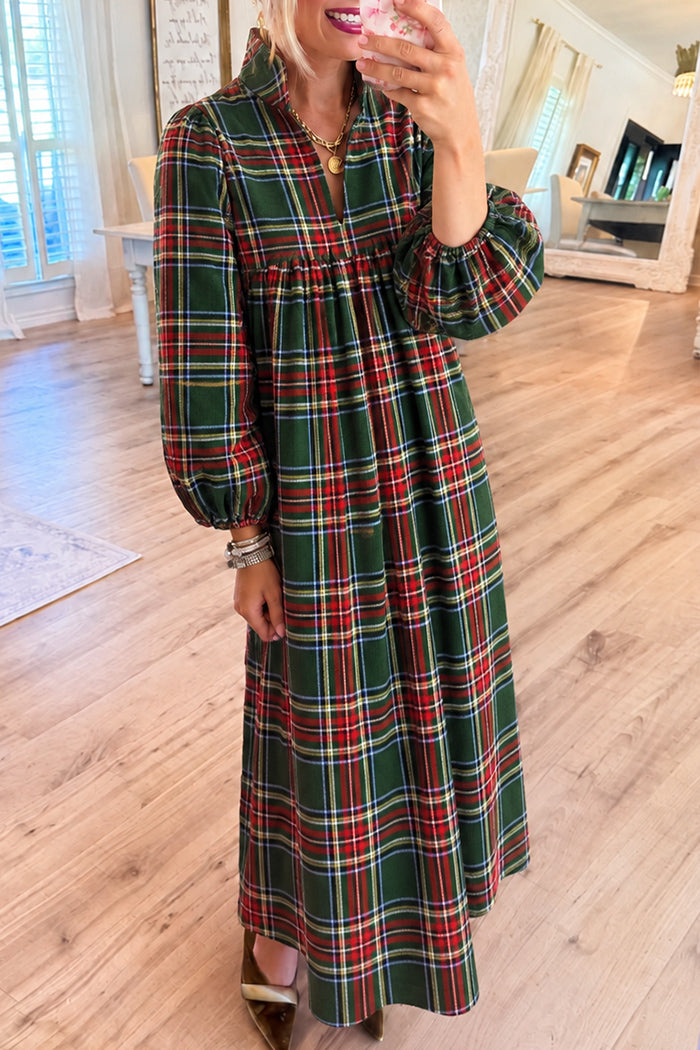 Green Plaid Long Sleeve Maxi Dress