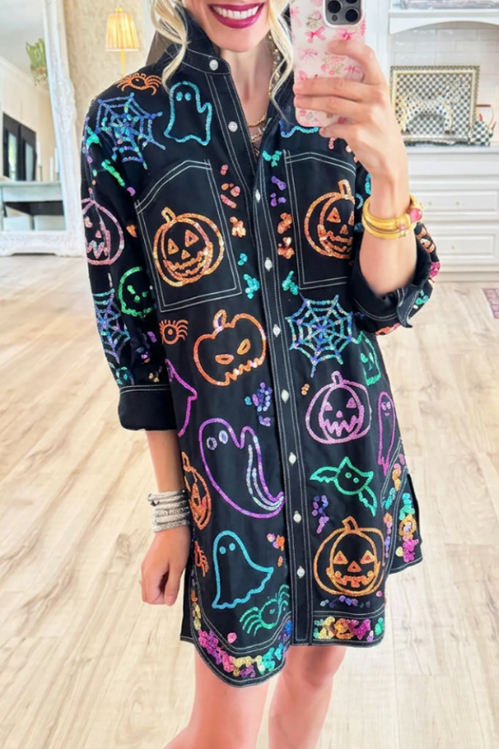 Halloween Sequin Motif Collared Pockets Long Sleeve Shirt Dress