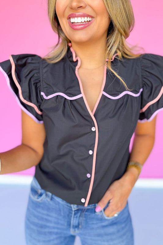 Contrast Trim Flutter Tiered Sleeve Top