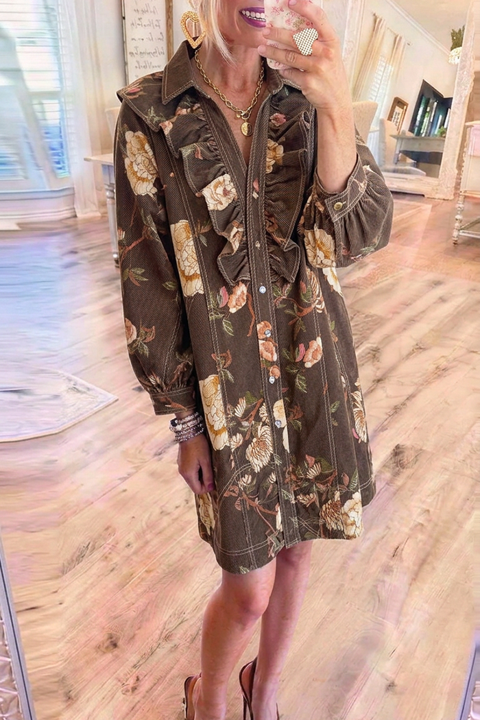 Brown Vintage Floral Ruffle Front Button Dress