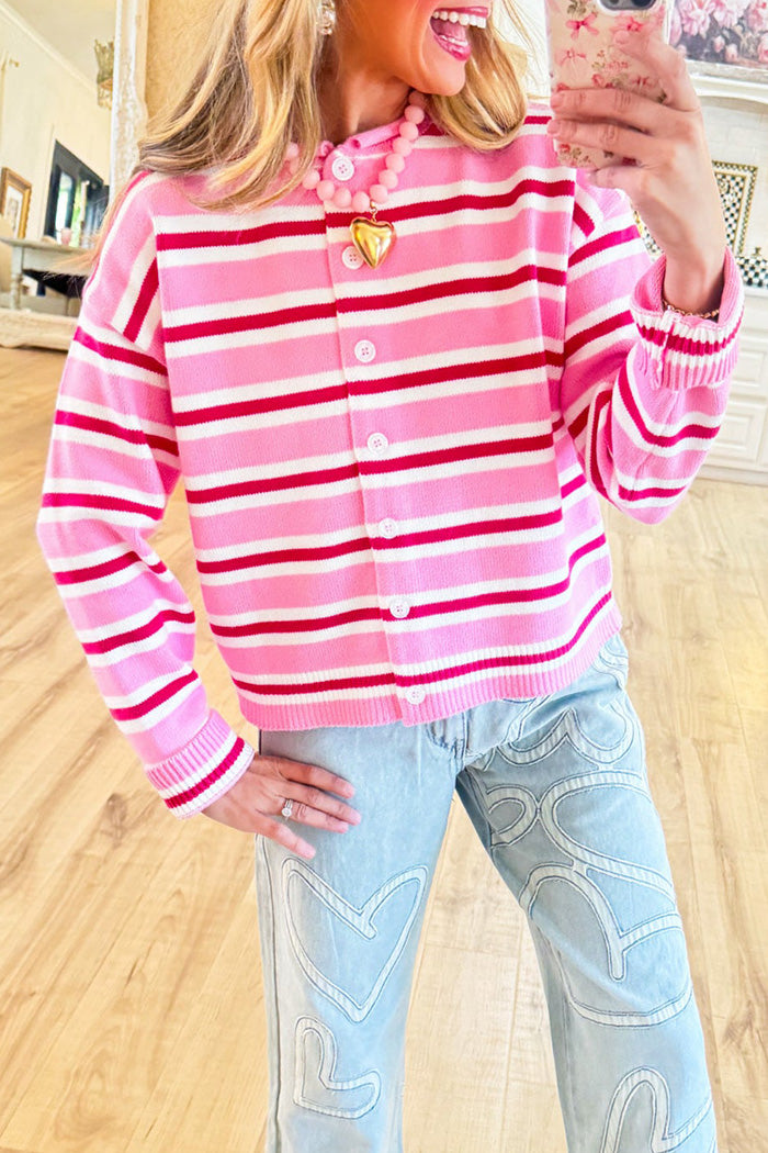 Pink Stripe Button Front Cardigan